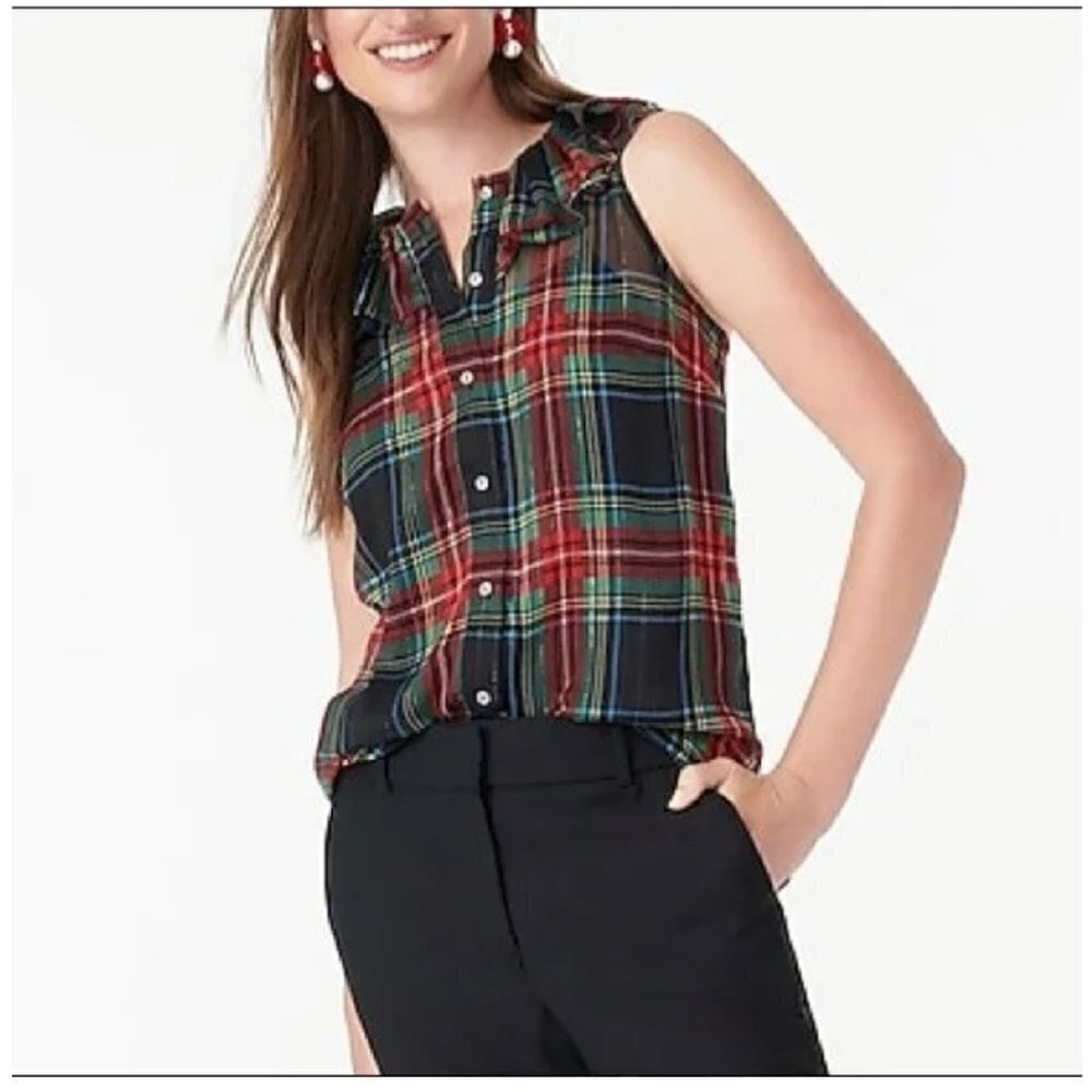 J Crew Tartan Plaid Ruffle Neck Sleeveless‎ Button Up Blouse S